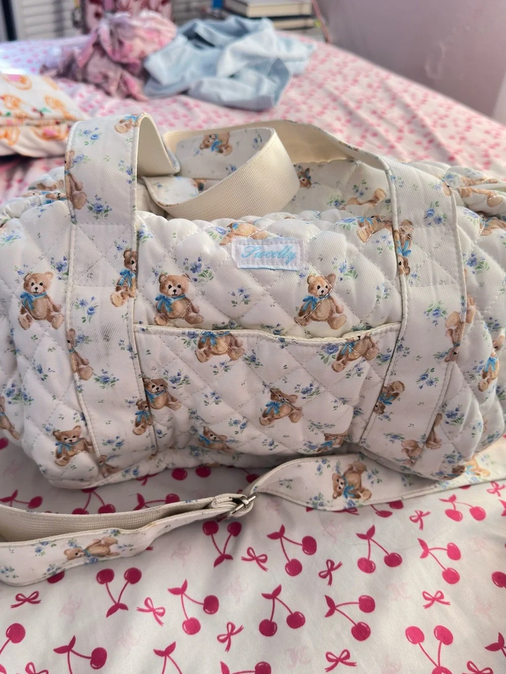 Quilted Teddy Print diaper Bag - White / Cream